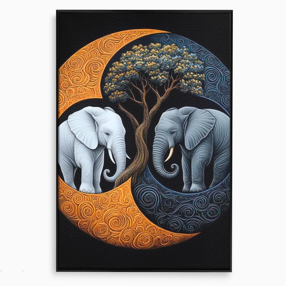 Tablou canvas cu tablou canvas cu elefanti si yin si yang, in rama de aluminiu negru